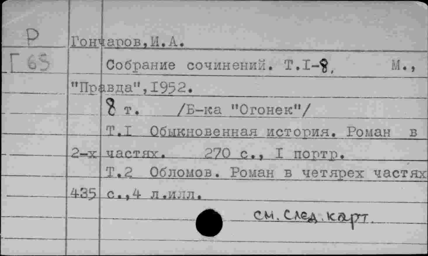 ﻿р	Гож		1 сапов,И.А.
-л?		Собрание сочинений. Т.1-$,	М.,
—	"Пр;	*вда",1952.		 ? т.	/Б-ка "Огонек"/ 		 Т.1 Обыкновенная история. Роман в
	,2—х.	иаптях.	270 С.. I ПОРтр.
		Т.2 Обломов. Роман в четярех частях
	А35.	с. ,4 л .илл.		
—			А 	см.сдед .ксаь|гг	
		